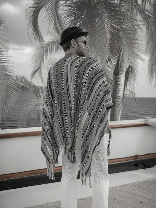 Handwoven Cotton Black And White Tribal Woven Ponacho